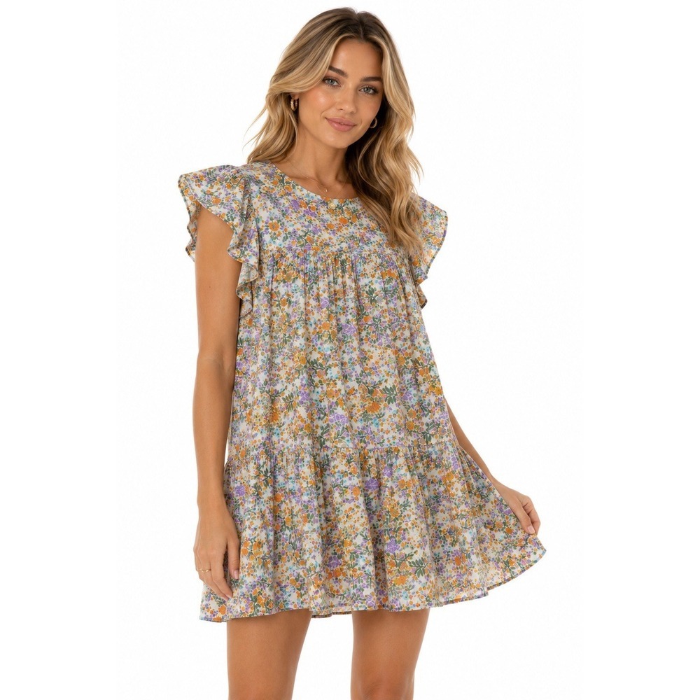 Haptics by Holly Harper Orange Floral Babydoll Dress Medium Boho Flutter Sleeve